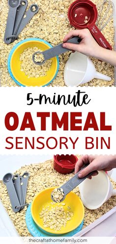 Pictures of child's hands playing in a bin filled with rolled oats and kitchen toys, with the words "5-Minute Oatmeal Sensory Bin" Oatmeal Sensory Play, Cheap Easy Sensory Bins, Sensory Bin With Oats, Sensory Taste Safe, Food Play Activities, Food Safe Sensory Play, Sensory Bins Taste Safe, Oats Sensory Bin, Oat Sensory Bin