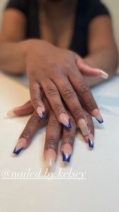 Royal Blue And Gold French Tip Nails, Square Blue French Tip Nails, Blue Glitter Nail Designs, Blue Coffin Nail Ideas, Dark Blue Prom Nails, Royal Blue Coffin Nails, Royal Blue French Tip Nails, Blue Acrylic Nail Designs, Baby Shower Nails Boy