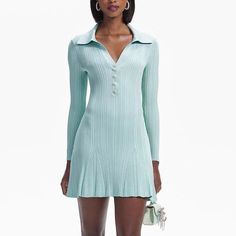 Delphine Mint Long Sleeve Knit Mini Dress for women - slim fit Indulge in luxury with our Knit Ribbed Long Sleeve V-Neck Mini Dress. This dress features a small lapel and flared skirt, adding a touch of sophistication to your look. The soft knit ribbed material ensures a comfortable and flattering fit, perfect for any occasion. Elevate your wardrobe with this exclusive piece. Elastic Material, One size for all. Chic Fitted A-line Sweater Dress, Fitted Sweater Dress For Spring Formal, Chic Collared Ribbed Dress, Chic Ribbed Collared Dress, Ribbed Collared Dress For Spring, Spring Ribbed Collared Dress, Collared Fitted Mini Dress For Winter, Chic A-line Sweater Dress For Spring, Faux Fur Accessories