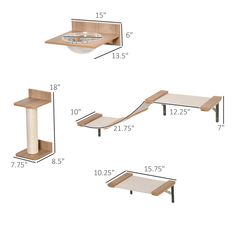 three different sizes of cat furniture with measurements for each one and the other side by side