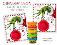 christmas cards with an image of the grin on it and three different colored plastic cups