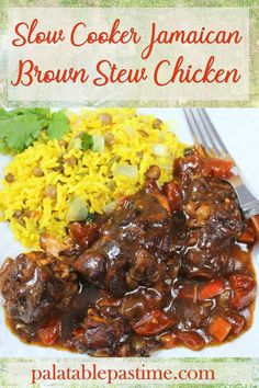 slow cooker jamaican brown stew chicken with rice and cilantro on the side