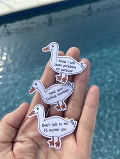 someone holding three stickers in their hand near a swimming pool that says i don't talk to the ducks on purpose