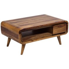 a wooden table with two drawers on one side and an open drawer on the other