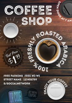 the coffee shop flyer is displayed on a wooden table with cups and saucers around it