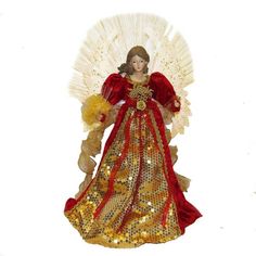 Beautiful Dark Hair Angel Dressed In A Christmas Red Velour Dress With A Gold Front Insert Accented With Gold Sequins. Her Dramatic White Wings Behind Her Are Accented In Gold Glitter Backed With Fiber-Optic Nylon Strands.. 18 In H X 12 In W X 7 In D. Purchase includes One Tree Topper. Lighted Tree Topper, Gold Fronts, Red Gown, Velour Dress, Angel Dress, White Wings, Kurt Adler, Red Gowns, Plus Size Designers