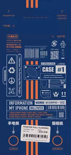 a blue and orange poster with some information on it's back side, including the name