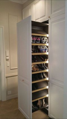 an open closet with shoes on the shelves