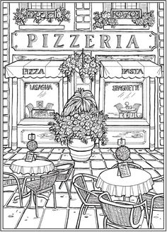 a coloring page with tables and chairs in front of a pizza shop, filled with flowers