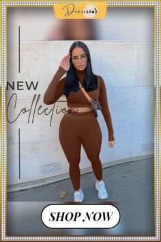 Women’s Suits Solid Long-sleeves Short Top + High-waist Skinny Pants Casual Outfits for Ladies Tracksuits Women Set Fitted Solid Color Sets For Fall, Solid Fitted Long Sleeve Sets, Solid Color Fitted Long Sleeve Sets, Fitted Brown Long Sleeve Sets, Fall High Waist Fitted Sets, Fitted High Waist Sets For Fall, Fitted Brown Sets For Fall, Casual Fitted Two-piece Set With Long Sleeve, Fitted Casual Two-piece Set With Long Sleeves