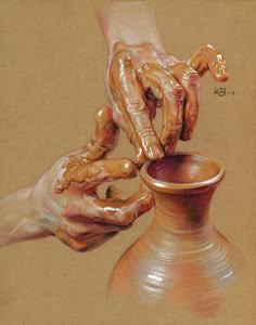 a painting of two hands reaching for something out of a vase with another hand on it