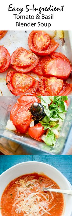 tomato basil soup in a white bowl and on a blue table with text overlay that reads easy spaghetti, tomato & basil blender soup