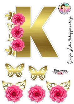 the letter k is decorated with pink roses and gold foil flowers on it's side