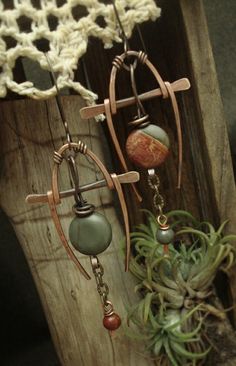 a pair of earrings hanging from hooks next to a potted succulent plant