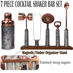 an assortment of kitchen utensils are shown with text describing the 7 piece cocktail shaker bar set