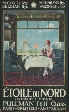 an old poster advertising a restaurant with two people sitting at a table in front of a windmill