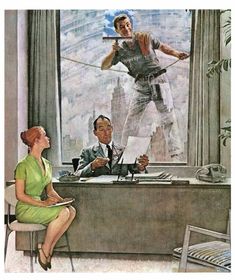 a drawing of a man standing on top of a desk next to a woman sitting in front of him