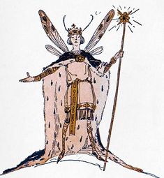 a drawing of a woman dressed in fancy clothing and holding a wand with two wings