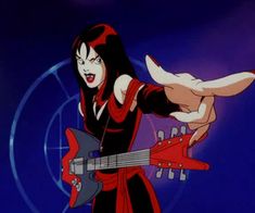 an animated image of a woman playing the guitar with her hands and legs spread out