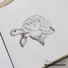 a drawing of a turtle with a flower on its back