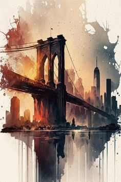 an artistic painting of the brooklyn bridge in new york city