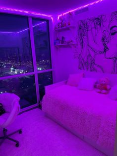 a bedroom with purple lighting and a teddy bear on the bed in front of a window