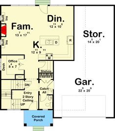 the first floor plan for a home with two separate rooms and an attached garage area