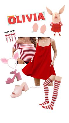 a woman in red dress and striped socks standing next to an image of a pig