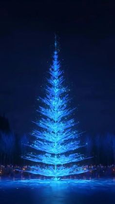 a large blue christmas tree lit up in the night sky with lights on it's sides