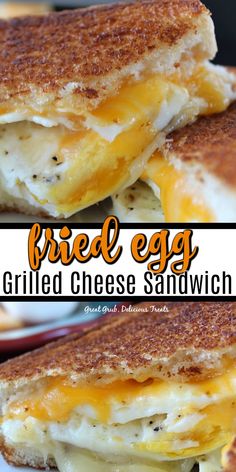 grilled egg and cheese sandwich on white plate with text overlay that reads, fried egg grilled cheese sandwich