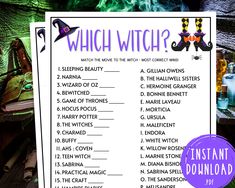 a witch's list with the words which witch? written in purple on it