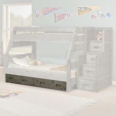 there is a bunk bed with drawers in the room