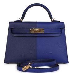 Hermes Mini Kelly 20 Casaque Blue Electric Encre Gold Epsom Sellier Handle Bag ********** Hermes ********** Brand: Hermes Size: 20cm (7.5" width x 4.5" height x 2.2" depth; 2.5" handle drop, 18.5" Shoulder Strap Drop) Name: Mini Kelly Color: Bleu Electrique / Bleu Encre / Gold Style: Top Handle / Shoulder / Crossbody Stamp: U Material: Sellier Epsom Calfskin Leather 2022 Limited edition - extremely rare and collectible Two tone split This Casaque Kelly, in the Sellier style, is in Bleu Electric and Bleu Encre epsom leather Gold hardware  Tonal stitching Two straps with front toggle closure Single rolled handle Removable shoulder strap The interior is lined with Gold lambskin leather and has one open pocket on the back wall Origin: France Condition: New and never worn (plastic on hardware) Kelly Sellier, Hermes Box, Lambskin Leather, Blue Brown, Gold Hardware, Clutches, Calf Skin, Bags Handbags