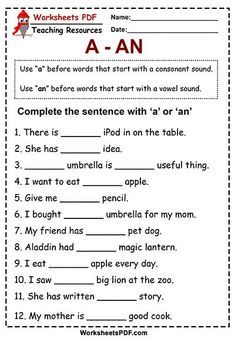 worksheet for reading and writing with the words a - an in red letters