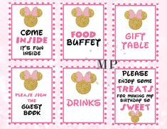 Minnie Mouse Party Signs - Party Signs Minnie Mouse Treats Table, Minnie Mouse Treats, Minnie Mouse Themed Party, Mouse Themed Party, Minnie Mouse Printables, Treats Table, Birthday Party Checklist, Minnie Mouse Decorations, Minnie Mouse 1st Birthday