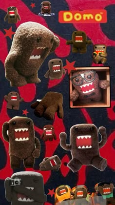 an advertisement for domo with stuffed animals on it