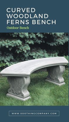 an outdoor bench is shown in front of some bushes and trees with the title curved woodland ferns bench