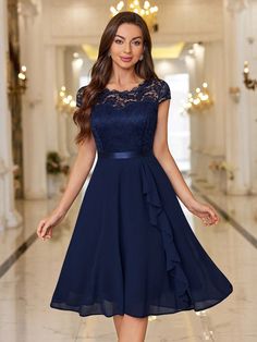 marineblau Elegant Collar Flügelärmel Spitze Einfarbig A Linie Embellished Leicht-dehnbar Alles Navy Blue Cocktail Dress, Lace Summer Dresses, Blue Cocktails, Womens Prom Dresses, Grad Dresses, Lace Bodice, Dress For Short Women, Chiffon Lace, Fall Outfits Women