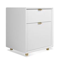 a white cabinet with two gold handles on the front and bottom drawers, against a white background