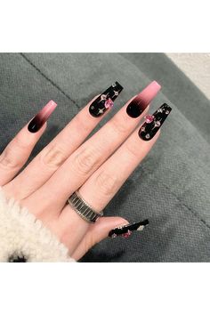 Fantasticlady Halloween Glue On Nails Long,Coffin,Pink Black Gradient with Rhinestone,Stars,Fall Season,Natural,UV Finish,Acrylic Nail Kit Full Cover Glossy for Women Nails Long Christmas, Black French Tips, Nails Glossy, Black Ballerina, Heart Rhinestone, Acrylic Nail Kit, Coffin Press On Nails, Black Gradient, Nails Pink