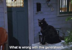 a black cat sitting on top of a table in front of a house with the caption what is wrong with this generation?