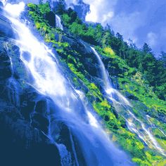 a waterfall with green plants on the side and blue sky in the backgroud