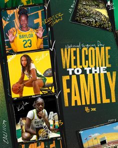 the poster for welcome to the family shows basketball players and their families in green, yellow and white