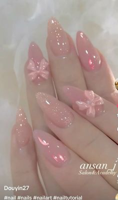 Coquette Nail Inspo Almond, Nail Art Cute Kawaii, Cute Pink Almond Nails, Pink Douyin Nails, Kawaii Pink Nails, Pink Nails Coquette, Simple Kawaii Nails, Pink Prom Nails, Feminine Nails