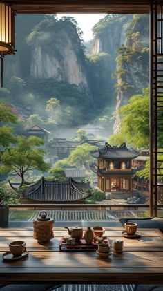 China Nature Aesthetic, Fantasy Chinese Architecture, Asian Fantasy Architecture, Chinese Tea House Aesthetic, Japanese Garden Fantasy Art, Cyberpunk Building, Chinese Tea House, Chinese Places, Chinese Style Interior