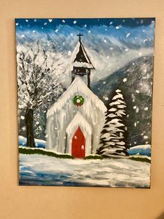 a painting of a church in the snow