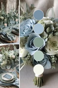 the table is set with blue and white flowers, greenery, candles and plates