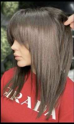 2023 Hair Trends For Long Hair, Long Angled Bob With Layers And Bangs, Change Of Hairstyle, Round Face Straight Bangs, Black Medium Length Hair With Bangs, Long A Line Bob With Bangs, Angled Long Bob With Bangs, Wispy Face Framing Bangs Medium Hair, Girls Medium Length Haircut