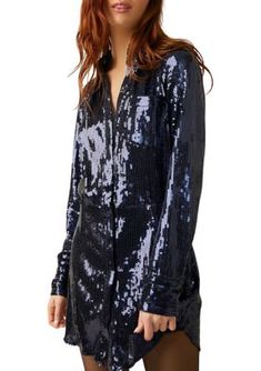 Arrive in glamorous style with the Sophie Sequin Mini Dress from Free People. | Free People Women's Sophie Sequin Mini Dress, Navy Blue, XS Sequin Shirt Dress, Free People Slip Dress, Free People Mini Dress, People Brand, Navy Blue Shirts, Sequin Shirt, Boho Mini Dress, Glamorous Style, Mini Velvet Dress