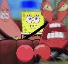 spongebob and patrick are sitting on the couch in front of each other with their mouths open